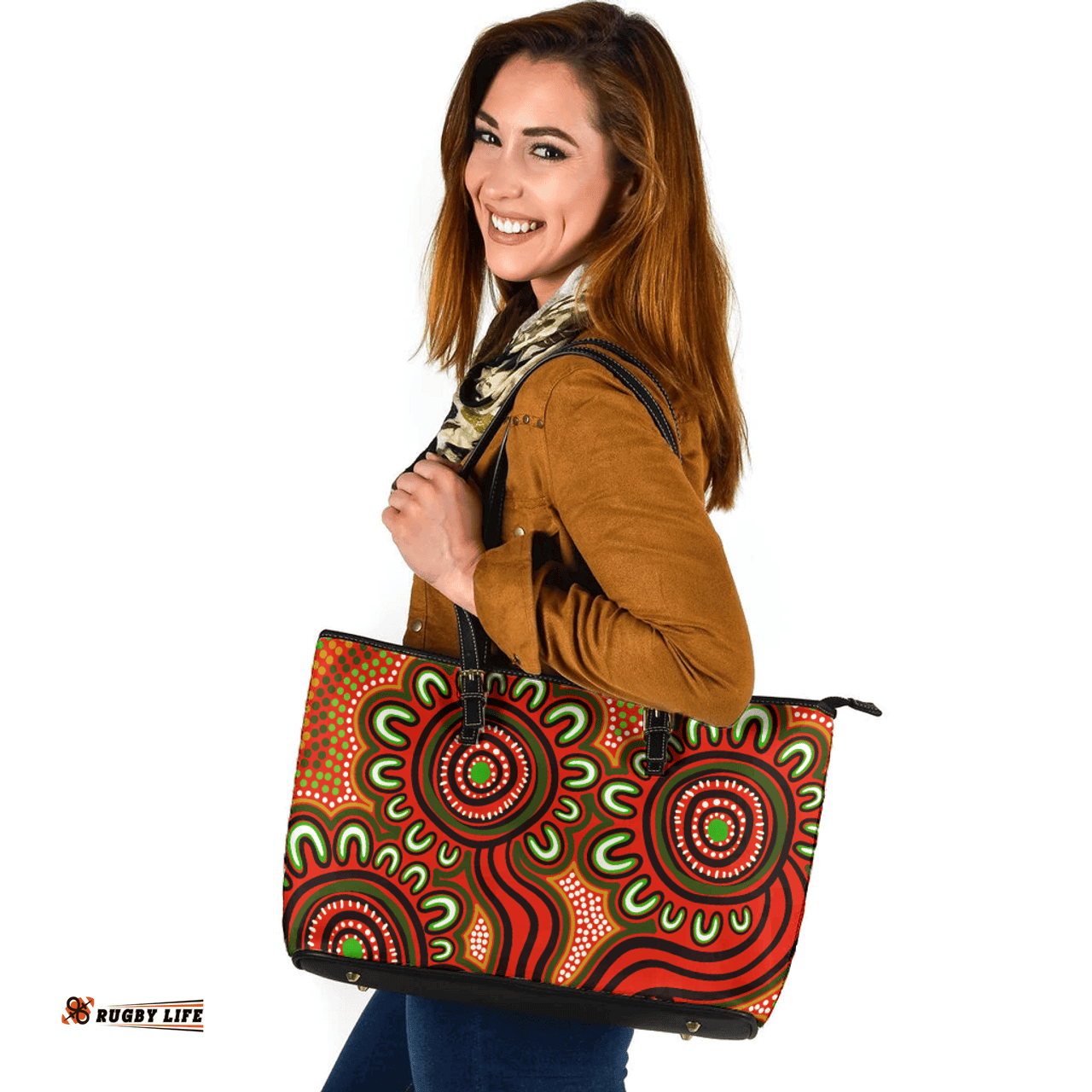 Indigenous Australian Aboriginal Dot Patterns From Indigenous Australian Culture Orange Leather Tote Bag
