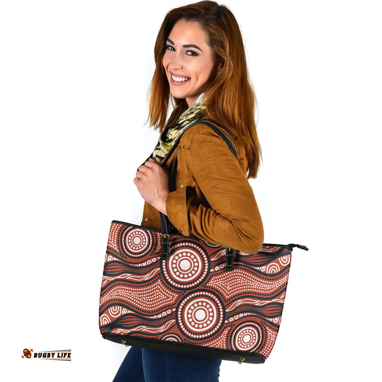 Indigenous Australian Aboriginal Ripples Of The Dreamtime Leather Tote Bag