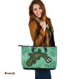 Indigenous Australian Aboriginal Green Platypus Aboriginal Art Inspired Leather Tote Bag