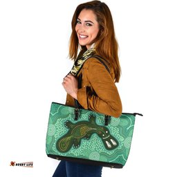 Indigenous Australian Aboriginal Green Platypus Aboriginal Art Inspired Leather Tote Bag