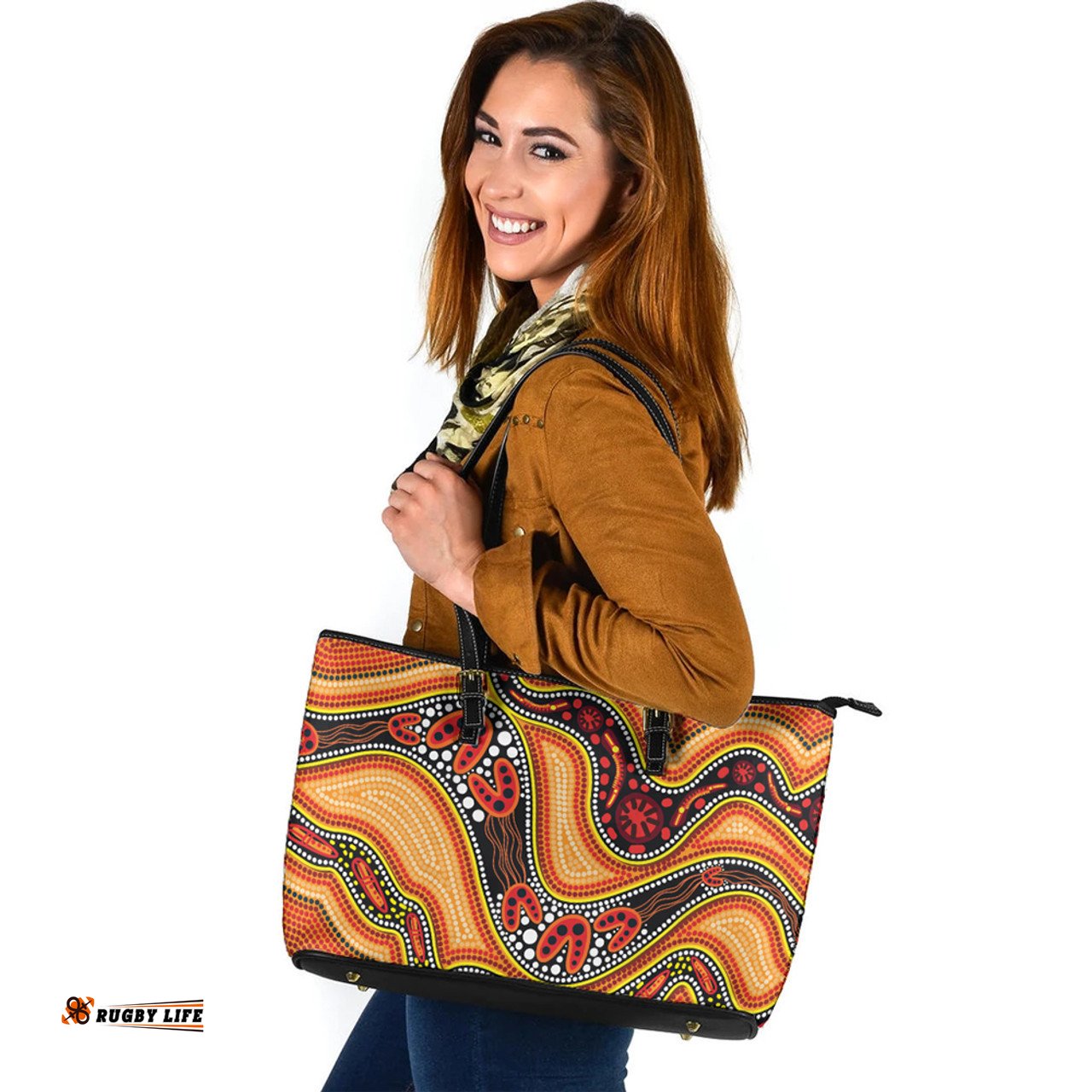 Indigenous Australian Aboriginal Path Of Spirits Leather Tote Bag
