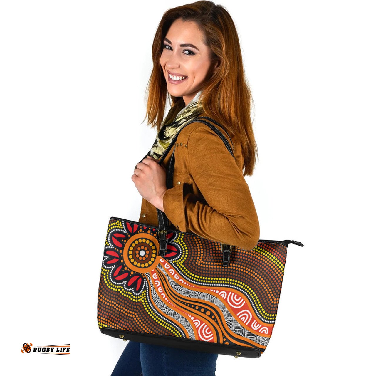 Indigenous Australian Aboriginal Sun Spirit Journey Leather Tote Bag