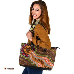 Indigenous Australian Aboriginal Sun Spirit Journey Leather Tote Bag