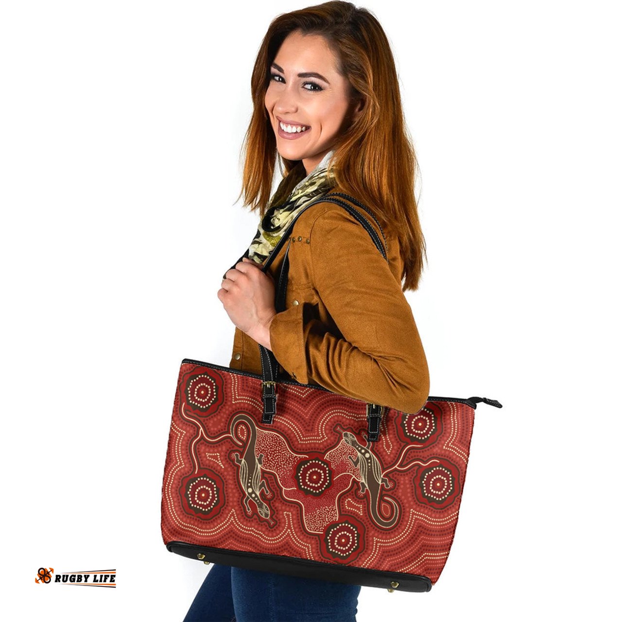 Indigenous Australian Aboriginal Lizard Spirits Of The Red Earth Leather Tote Bag