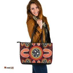 Indigenous Australian Aboriginal Hands Of Unity Dancing Around The Sun Of Ancestors Leather Tote Bag