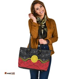 Indigenous Australian Aboriginal Sun Spirit Over Sacred Country Leather Tote Bag