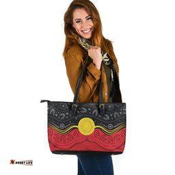 Indigenous Australian Aboriginal Sun Spirit Over Sacred Country Leather Tote Bag