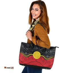 Indigenous Australian Aboriginal Sun Spirit Over Sacred Country Leather Tote Bag