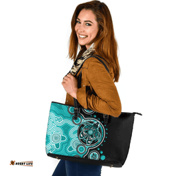 Indigenous Australian Aboriginal Indigenous Turtles Aboriginal Dot Arts Turquoise Leather Tote Bag