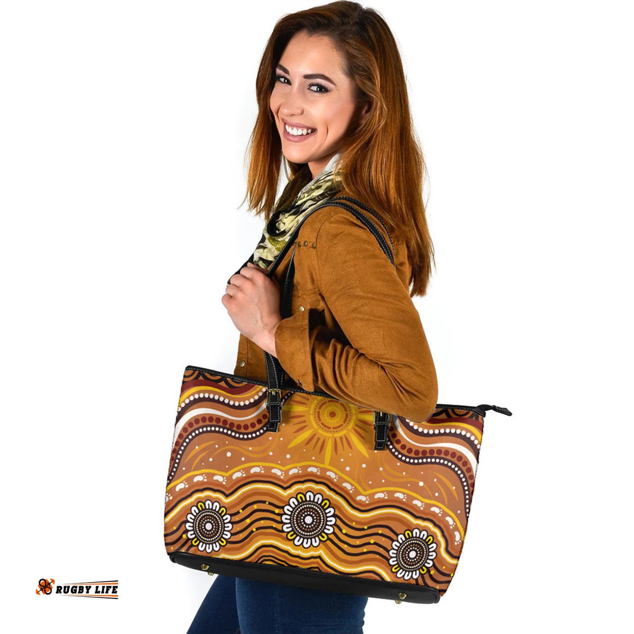 Indigenous Australian Aboriginal Sunrise Dreaming Blooms Leather Tote Bag
