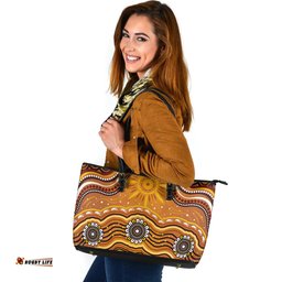 Indigenous Australian Aboriginal Sunrise Dreaming Blooms Leather Tote Bag