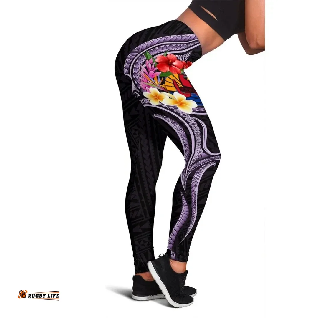 Tahiti Leggings - Polynesia Hibiscus And Plumeria Purple A24