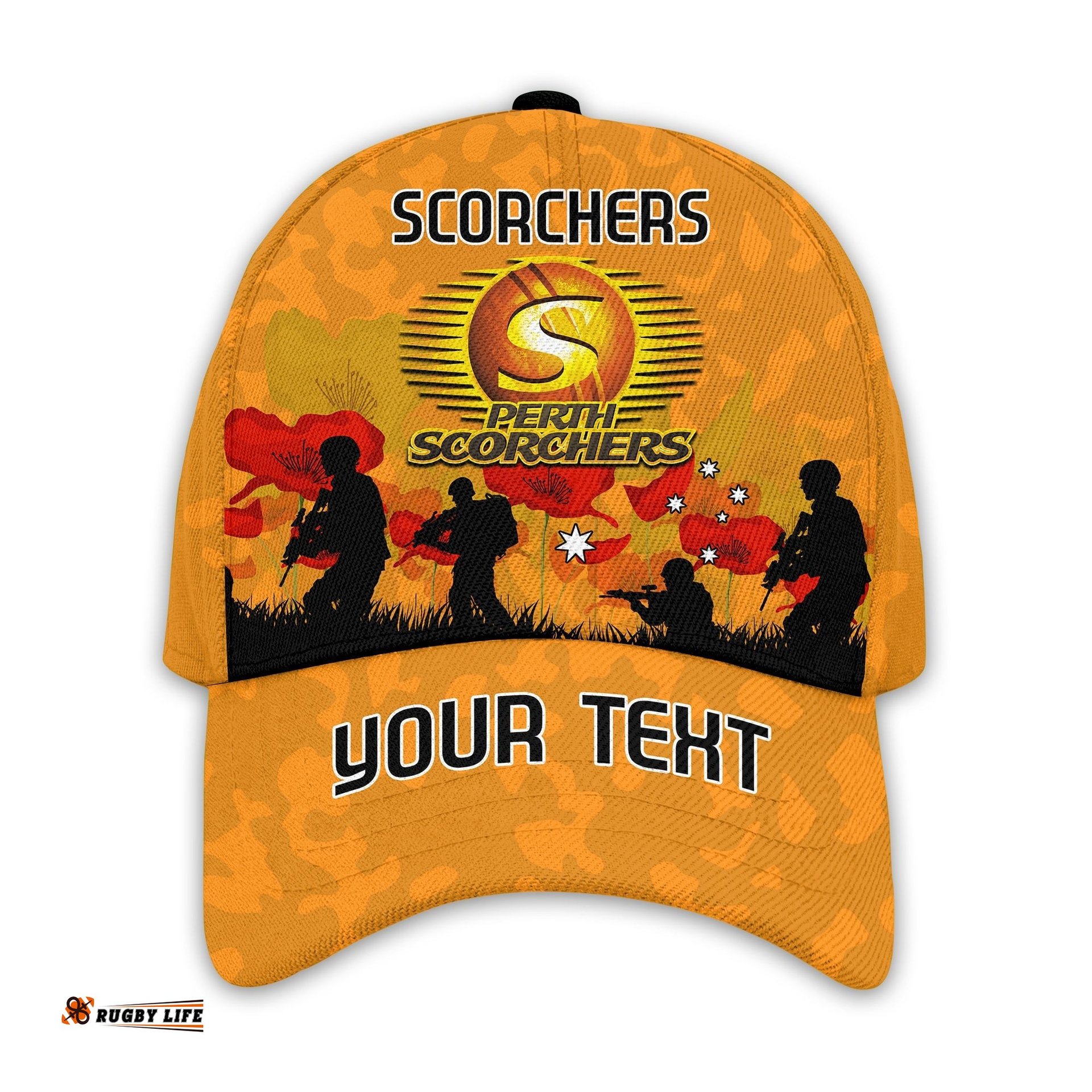 (Custom Personalised) Perth Scorchers Cricket Classic Cap Anzac Day Camouflage Poppy Lest We Forget