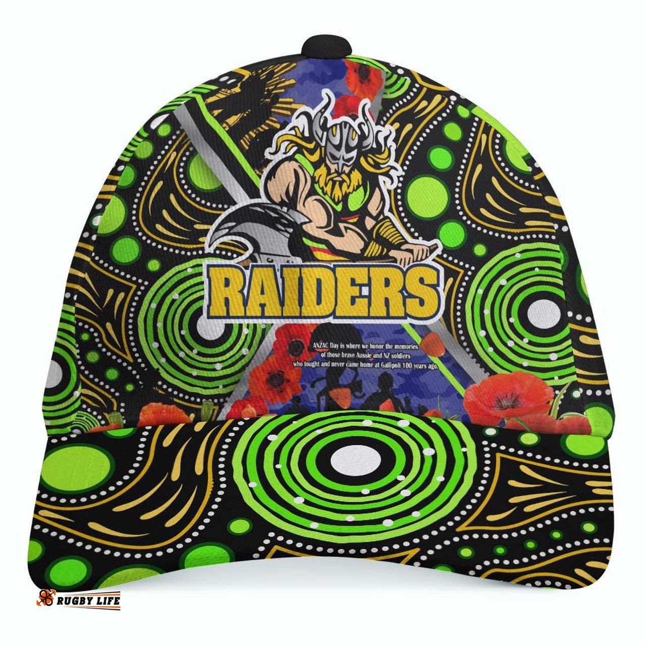 Raiders Rugby Anzac Aboriginal Cap - Canberra Raiders with Anzac Day Poppy Flower Cap