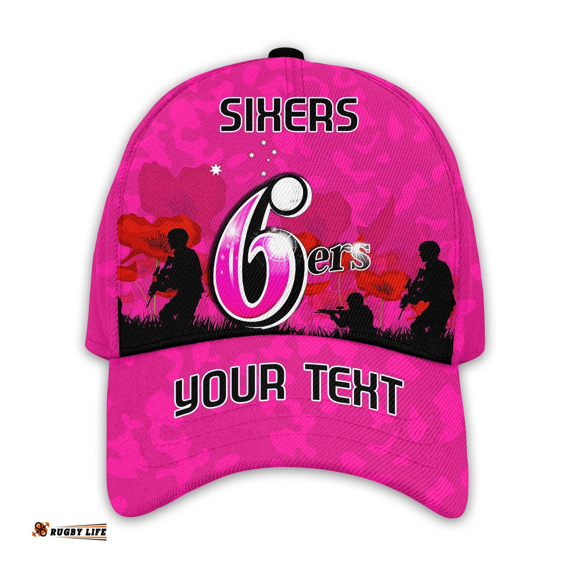 (Custom Personalised) Sydney Sixers Cricket Classic Cap Anzac Day Camouflage Poppy Lest We Forget