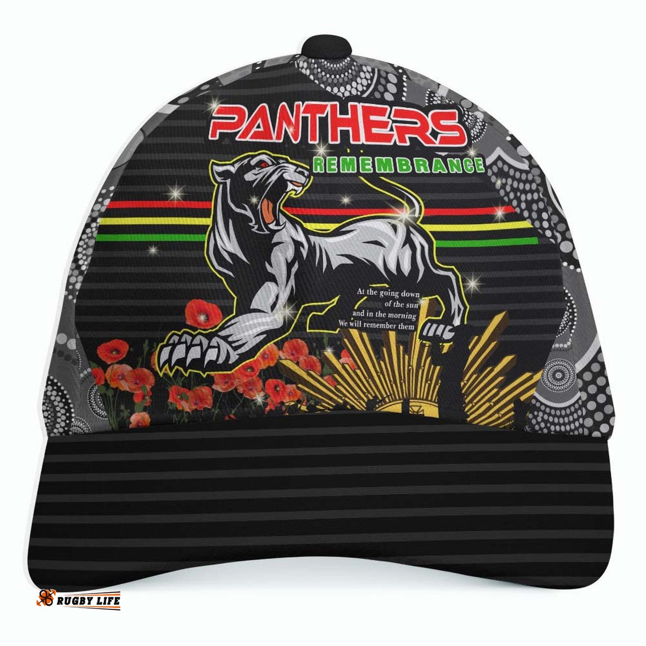 Panthers Rugby Anzac Aboriginal Cap - Penrith Panthers with Poppy Flower Art Cap
