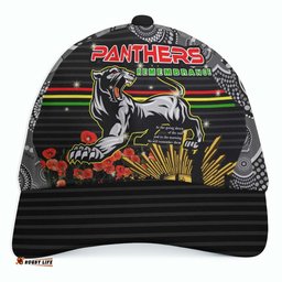 Panthers Rugby Anzac Aboriginal Cap - Penrith Panthers with Poppy Flower Art Cap