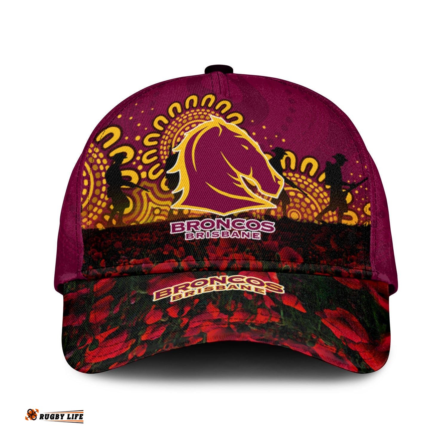 Brisbane Broncos Cap Aboriginal Rugby Anzac Day Poppy With Soldiers- NRL