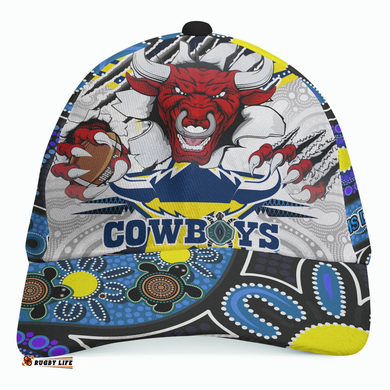 Cowboys Rugby Custom Aboriginal Cap - Indigenous Queensland Super Cows With Sea Turtle Scratch Style