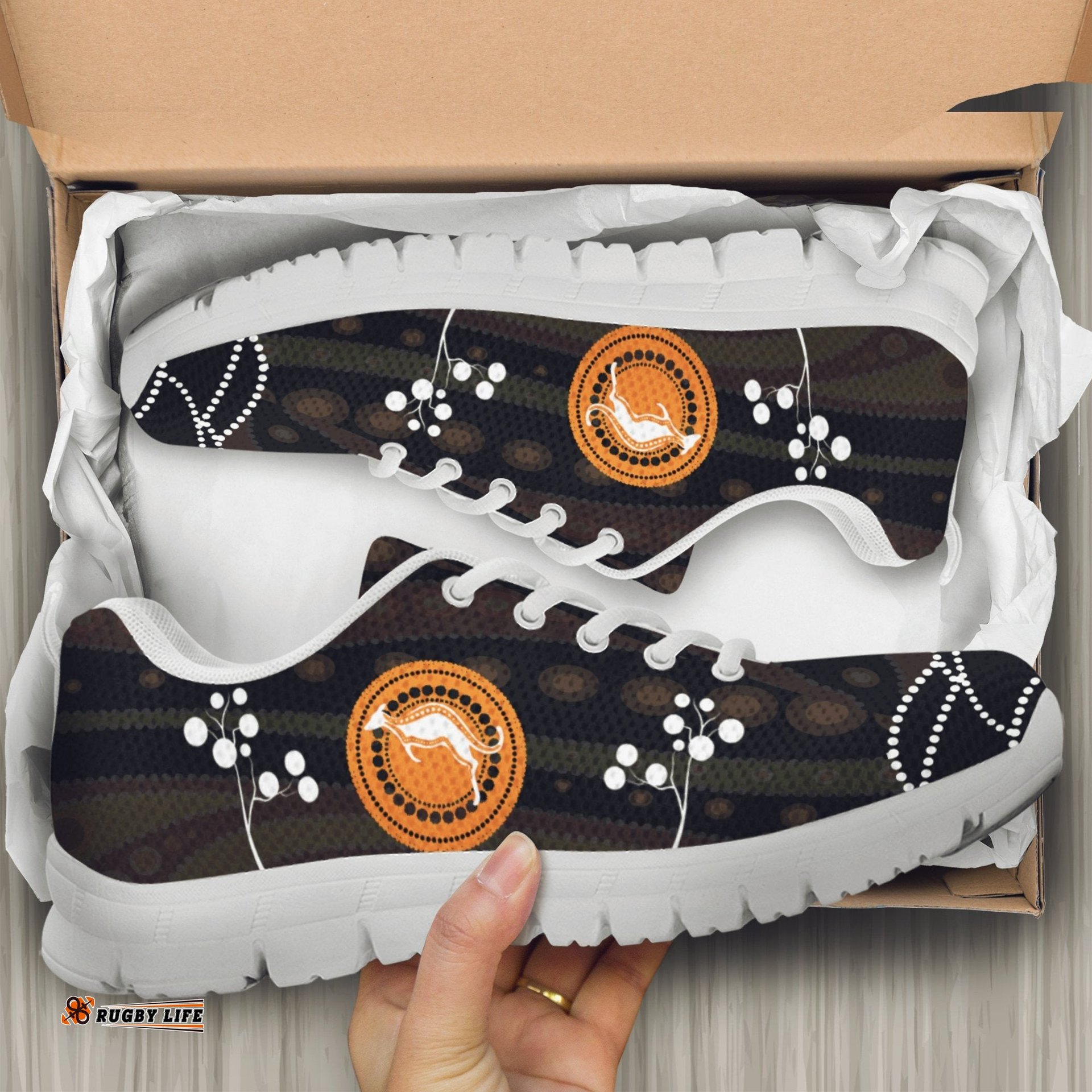 Aboriginal Kangaroo Circle Dot Painting Flowers 02 Sneakers