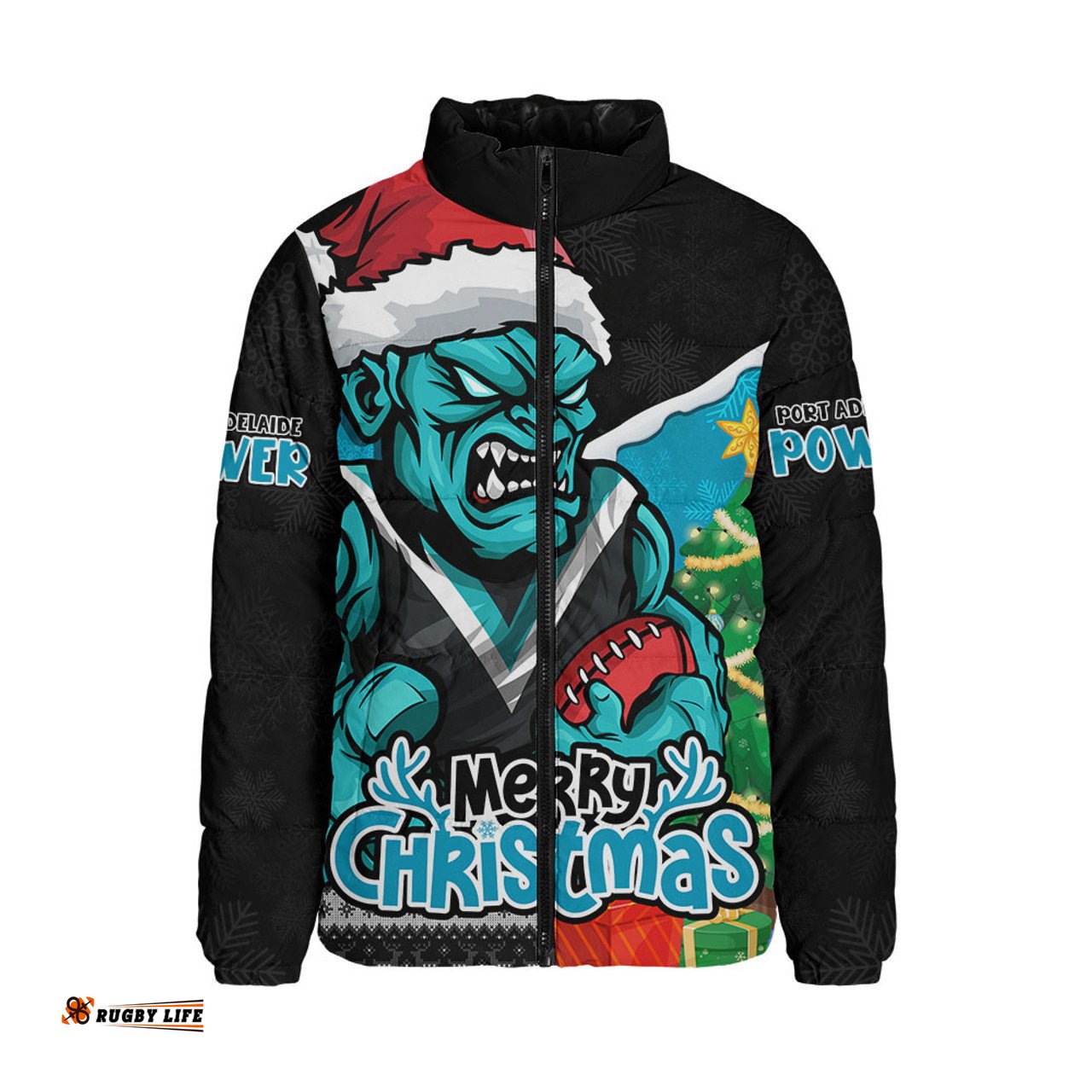 Port Adelaide Santa Scoring Touchdown On Christmas Game Day Padded Jacket
