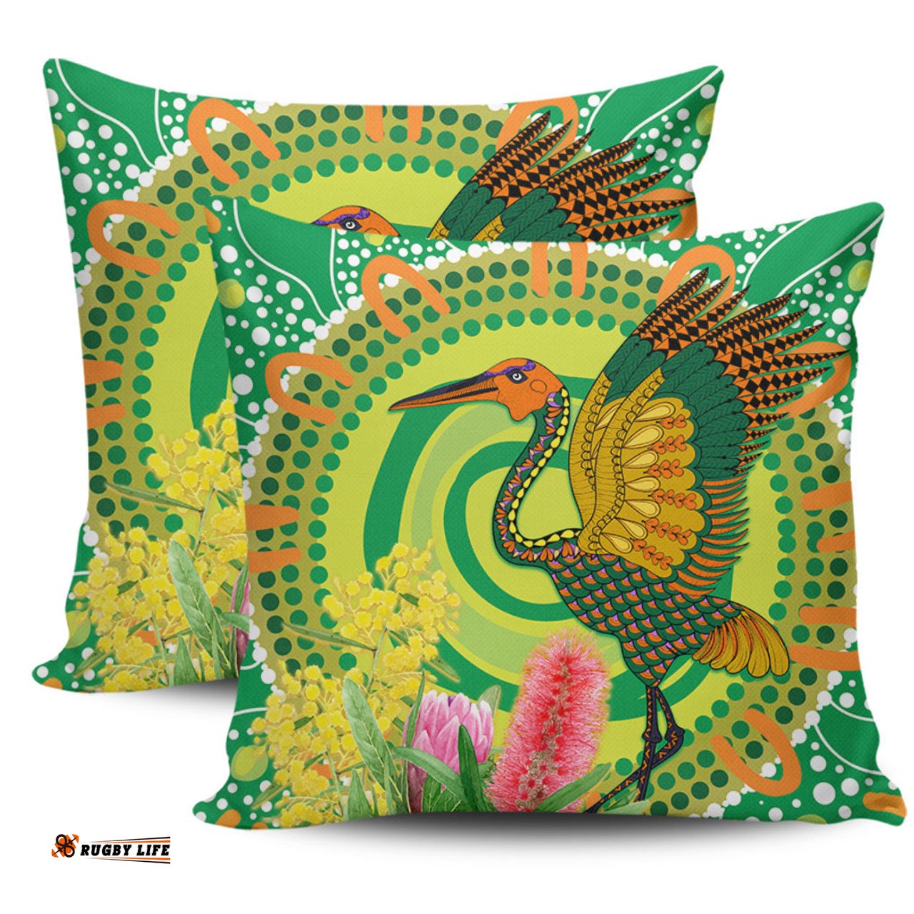 Australia Aboriginal Brolga Bird Dancing With Australia Native Flowers V2 Pillow