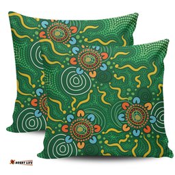 Australia Aboriginal Green Painting With Aboriginal Inspired Dot Pillow