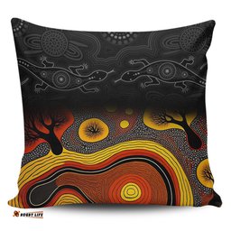 Australia Aboriginal Dreaming Trees And Goanna In Dot Pattern Pillow