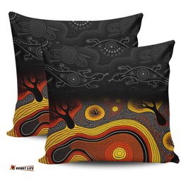 Australia Aboriginal Dreaming Trees And Goanna In Dot Pattern Pillow