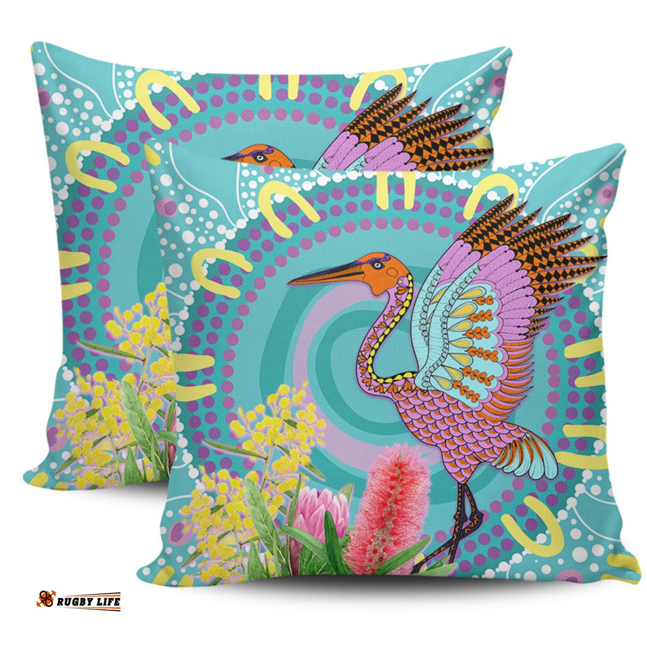 Australia Aboriginal Brolga Bird Dancing With Australia Native Flowers V3 Pillow
