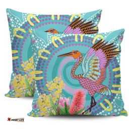 Australia Aboriginal Brolga Bird Dancing With Australia Native Flowers V3 Pillow