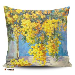 Australia Golden Wattle Golden Wattle Bouquet Blue Background Oil Painting Art Pillow