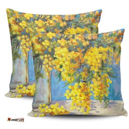 Australia Golden Wattle Golden Wattle Bouquet Blue Background Oil Painting Art Pillow