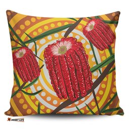 Australia Flowers Aboriginal Aboriginal Dot Painting With Red Banksia Flower Pillow