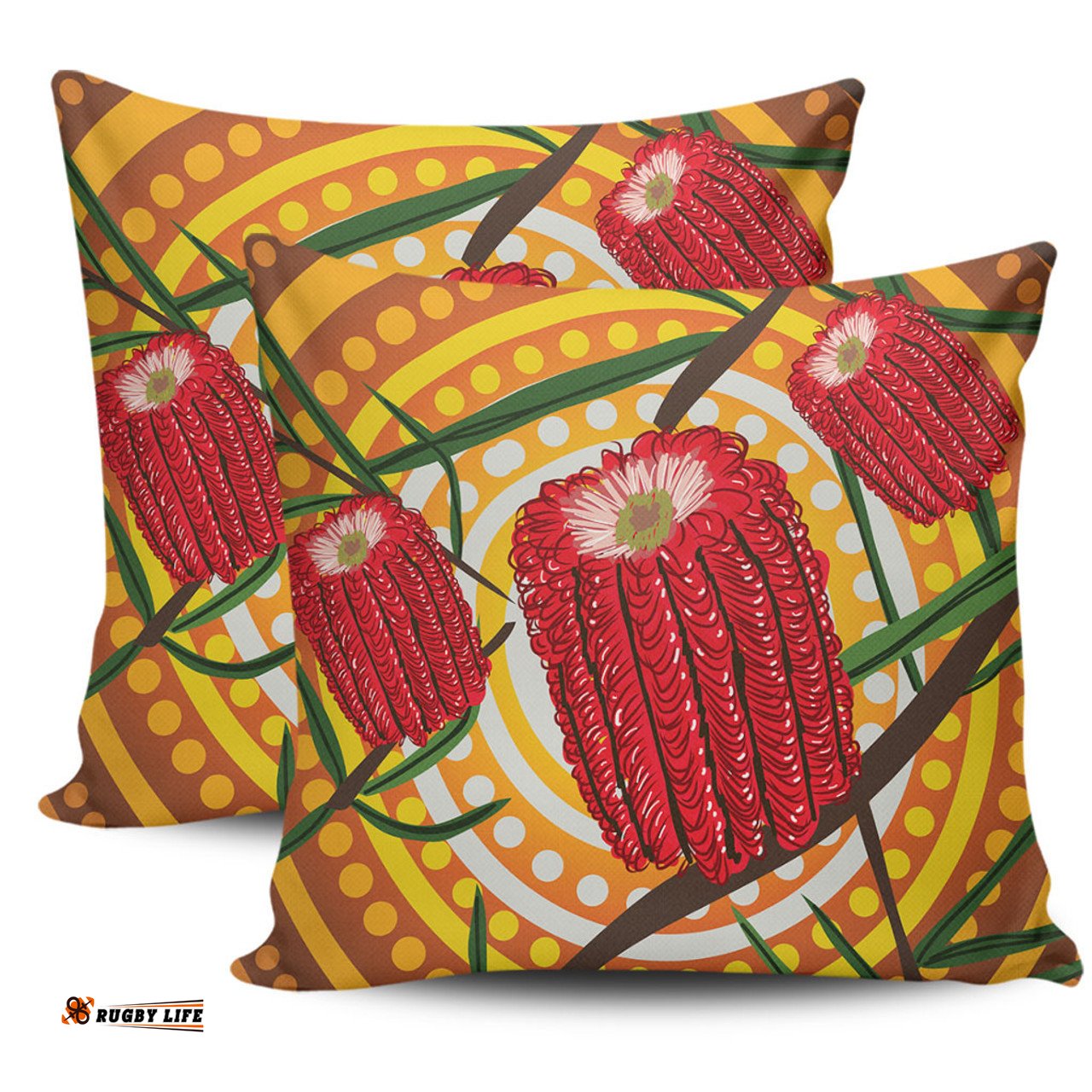 Australia Flowers Aboriginal Aboriginal Dot Painting With Red Banksia Flower Pillow