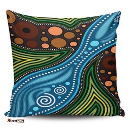 Australia Indigenous Aboriginal Inspired Landscape Illustration Of Forest, River And Land Pillow