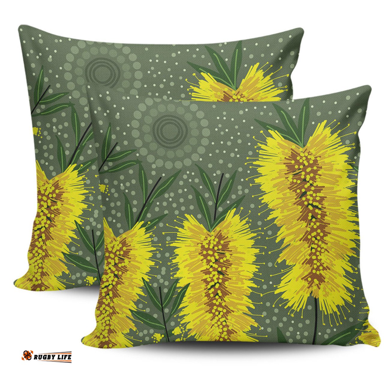 Australia Aboriginal Yellow Bottle Brush Flora In Aboriginal Painting Pillow