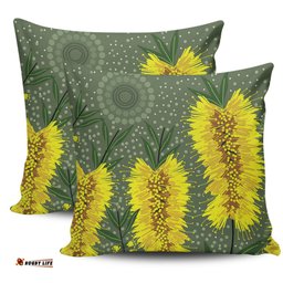 Australia Aboriginal Yellow Bottle Brush Flora In Aboriginal Painting Pillow