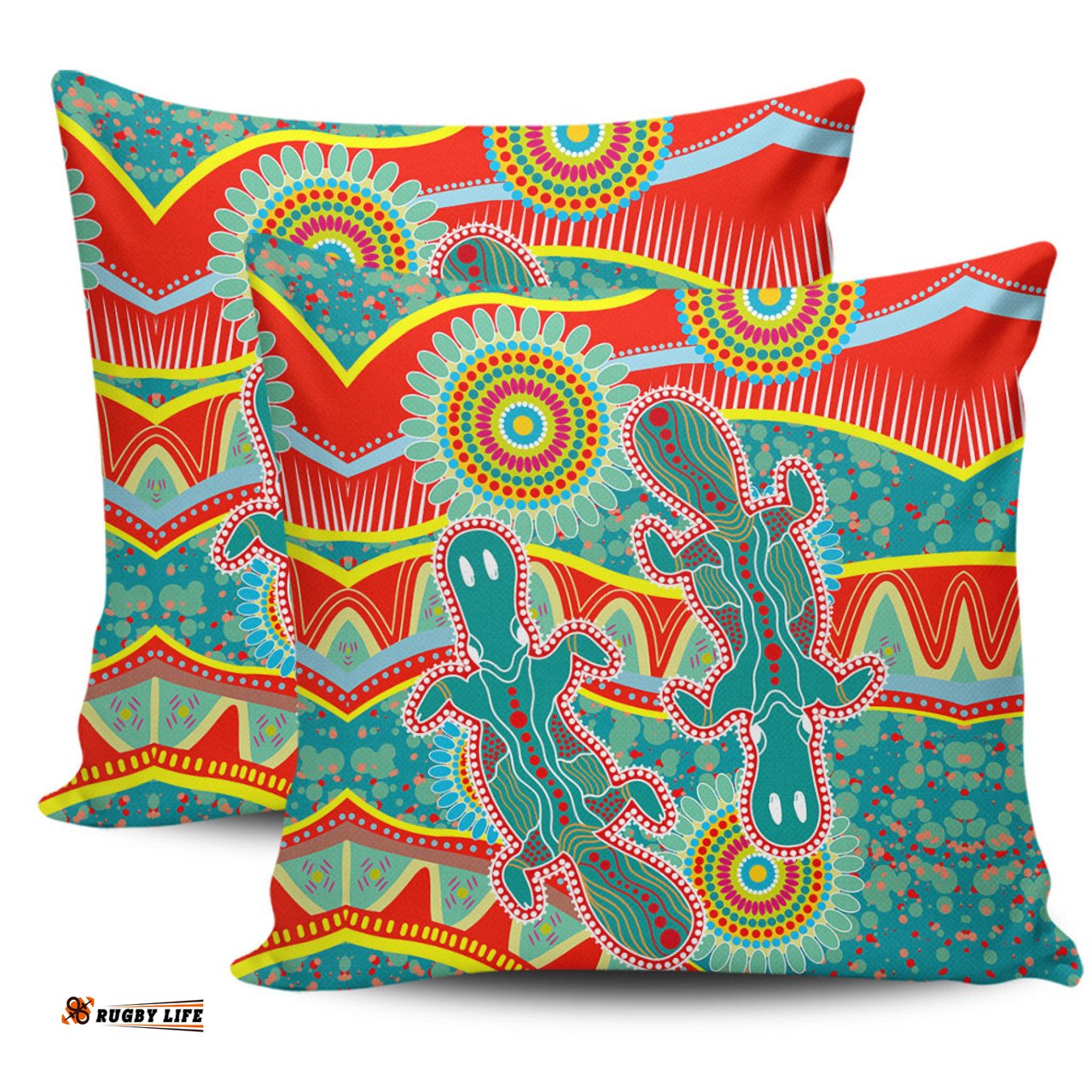 Australia Animals Platypus Aboriginal Green Platypus With Aboriginal Art Dot Painting Patterns Inspired Pillow
