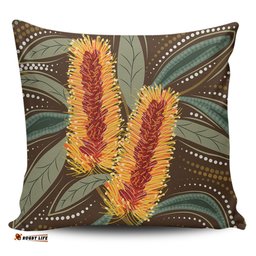 Australia Flowers Aboriginal Aboriginal Dot Art With Yellow Banksia Flower Pillow