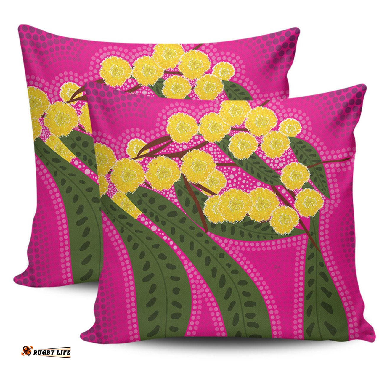 Australia Flowers Aboriginal Australian Yellow Wattle Flowers Painting In Aboriginal Dot Art Style Pillow