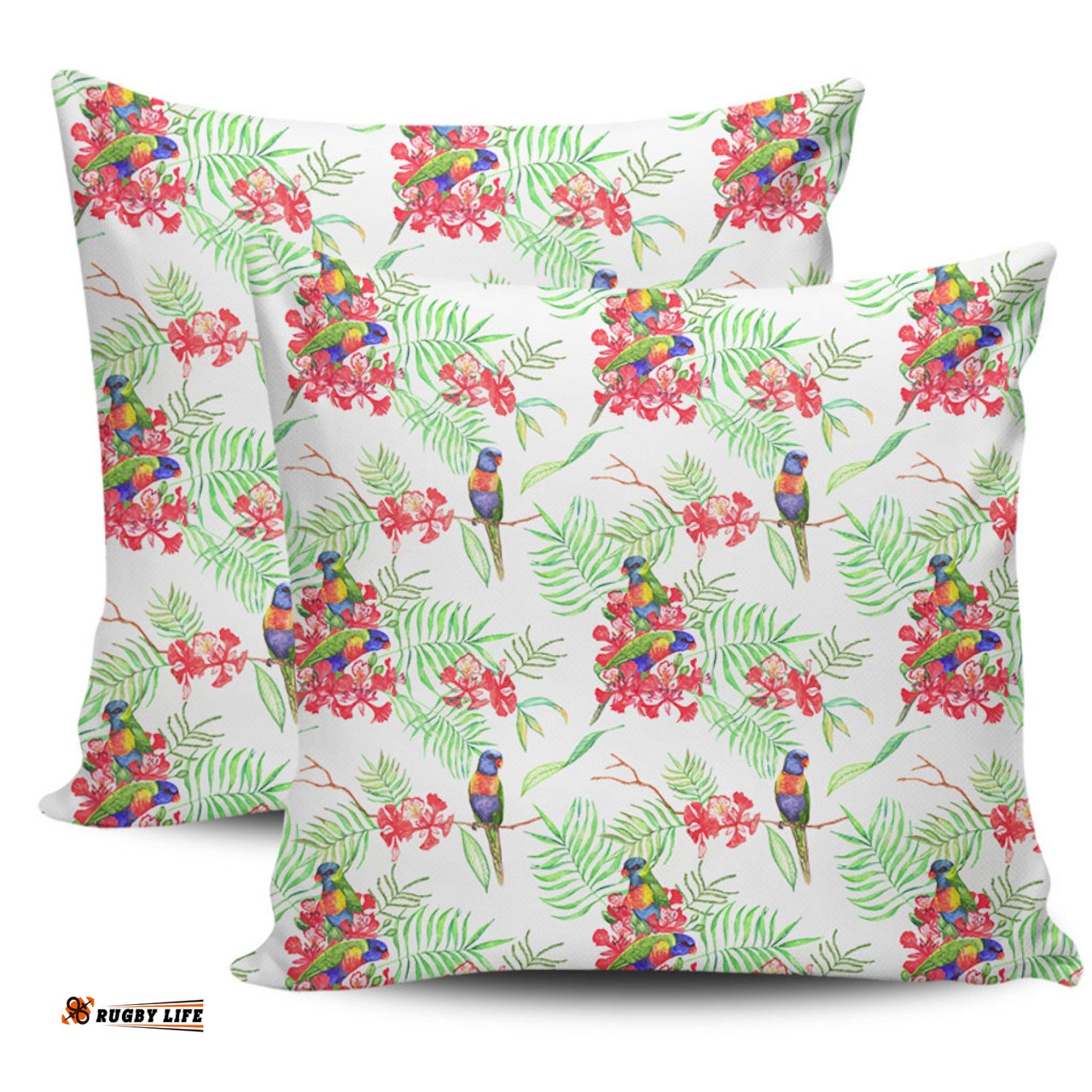 Australia Rainbow Lorikeets Rainbow Lorikeets Colorful Tropical Exotic Flowers Pillow