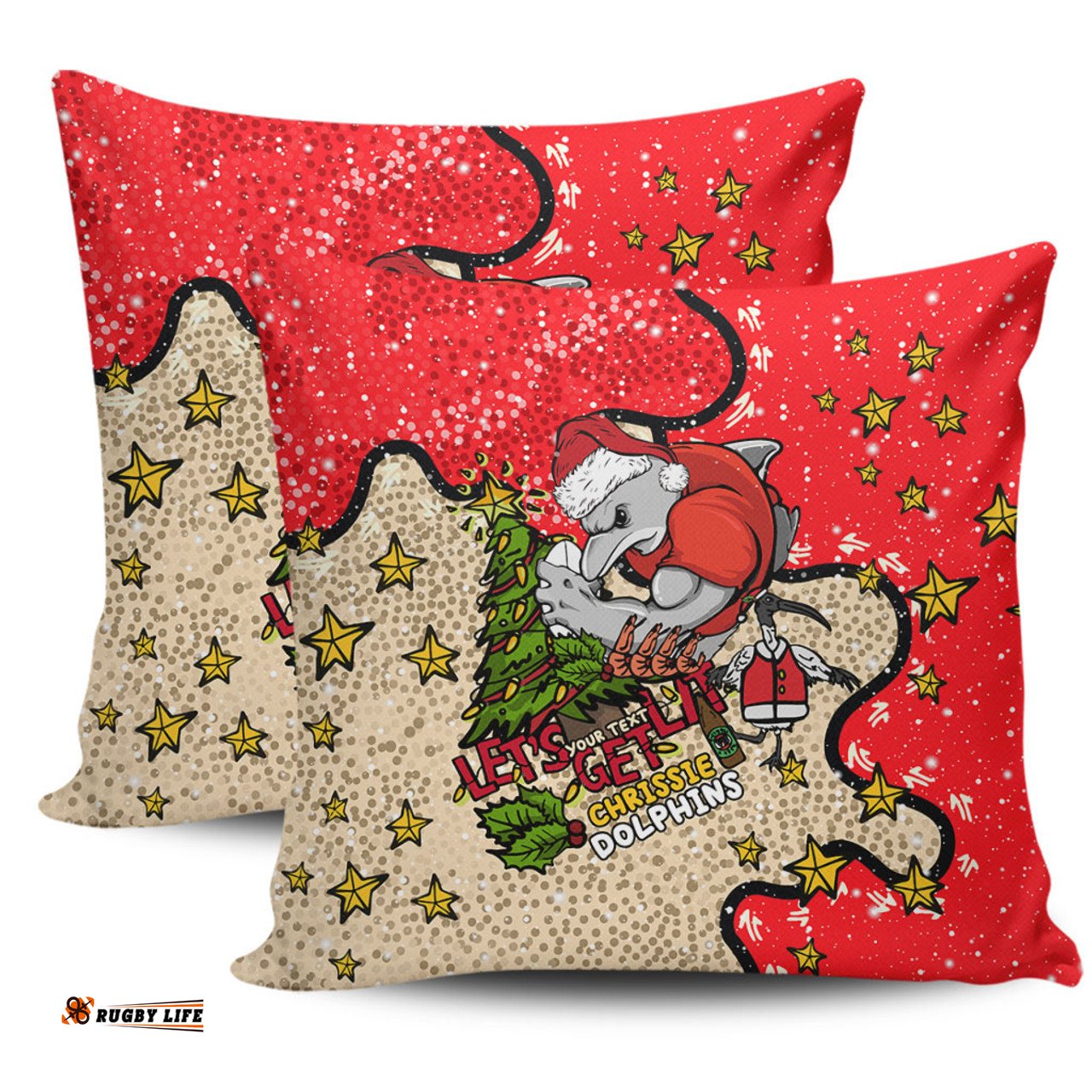 Redcliffe Dolphins Christmas Custom Let's Get Lit Chrisse Pressie Pillow