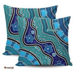 Australia Turtles Aboriginal River And Turtles Dot Art Painting Blue Pillow