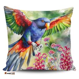 Australia Rainbow Lorikeets Rainbow Lorikeets Flying With Grevillea Flowers Art Pillow