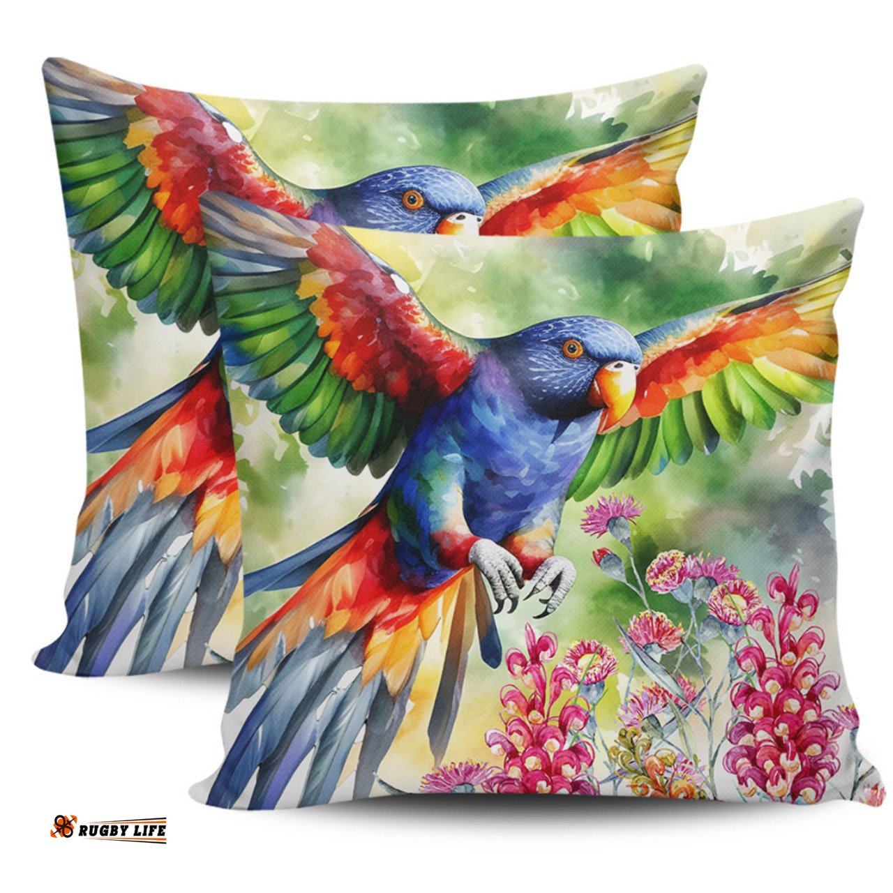 Australia Rainbow Lorikeets Rainbow Lorikeets Flying With Grevillea Flowers Art Pillow