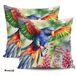 Australia Rainbow Lorikeets Rainbow Lorikeets Flying With Grevillea Flowers Art Pillow