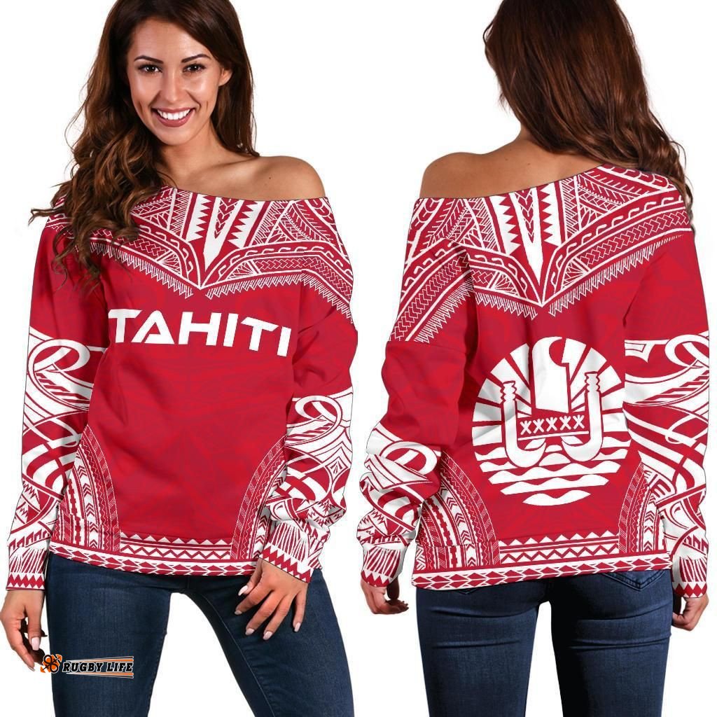 Tahiti Flag Polynesian Chief Women's Off Shoulder Sweater - Bn10