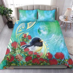 New Zealand Tomtit Bedding Set Maori Koru With Pohutukawa Galaxy Style LT05