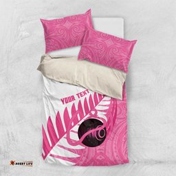New Zealand Lawn Bowls Breast Cancer Custom Bedding Set Aotearoa Maori Silver Fern Pink Ribbon LT14